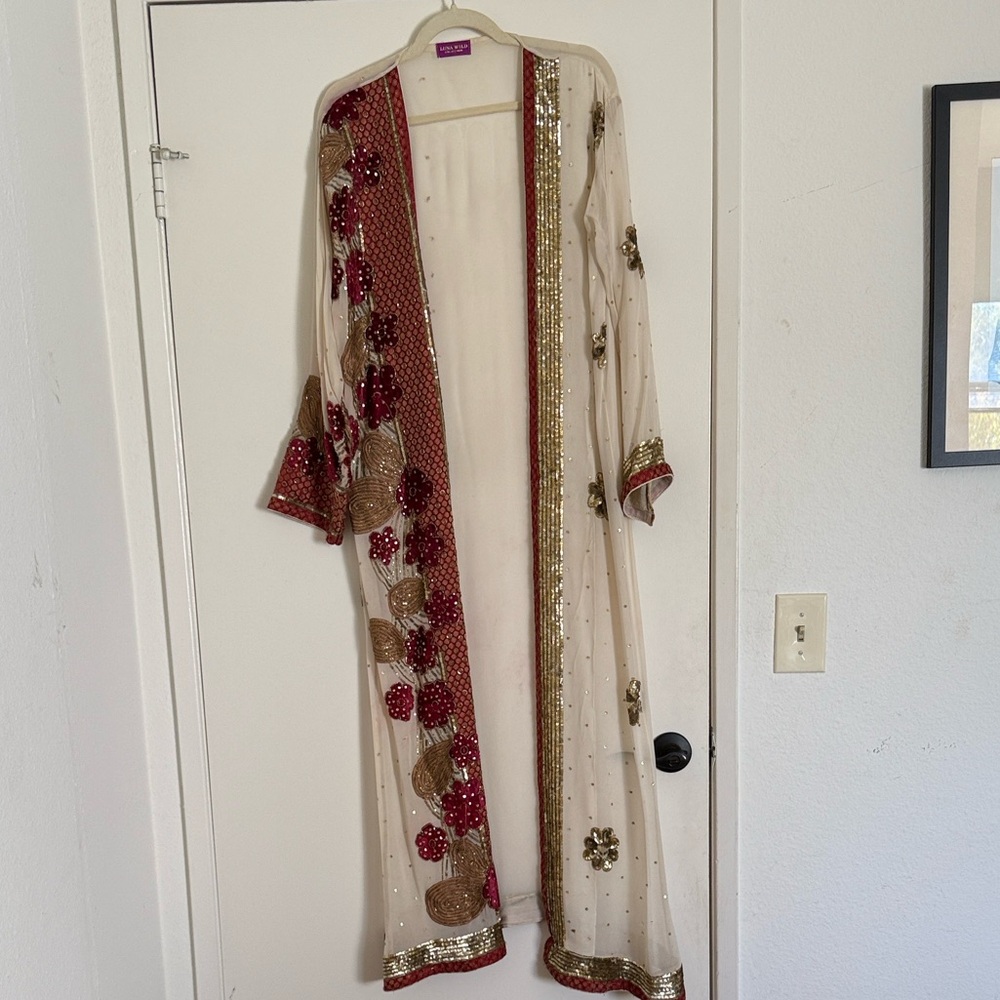 Luna Wild Recycled Sari Maroon Cream Embellished Open Duster Robe Kimono Jacket